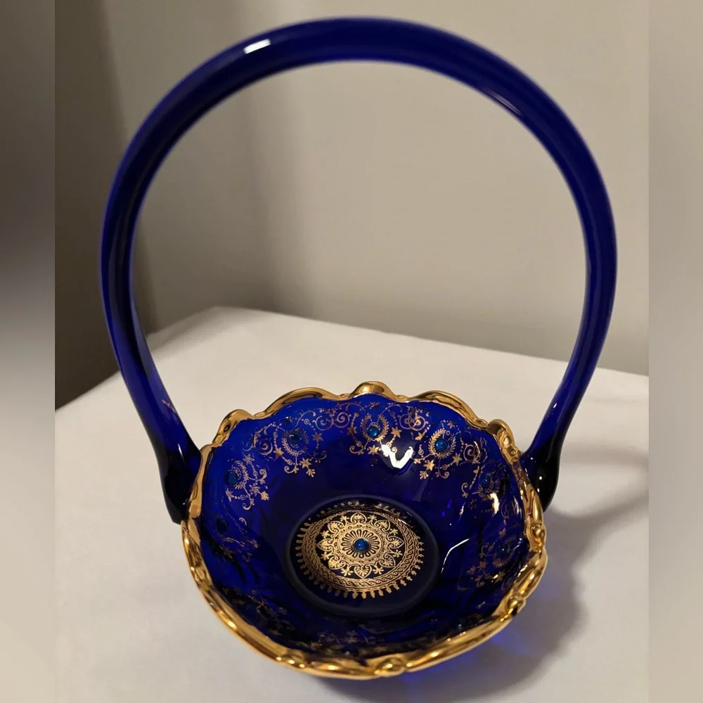 Gorgeous 1960’s Cobalt Blue Glass Basket w/Gold Gilded Decor&Cobalt Blue Beading